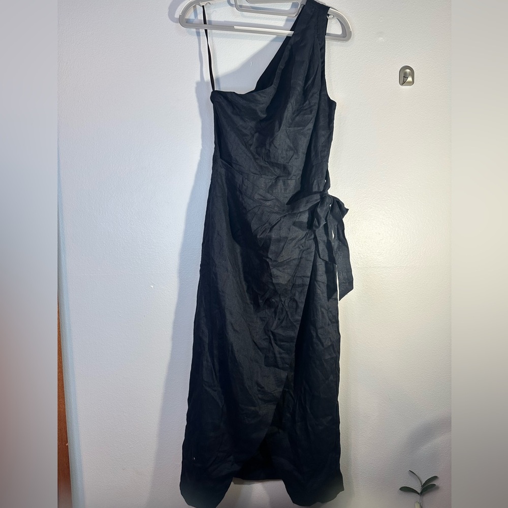 Anthropologie linen Black One-Shoulder Dress size 4 - Picture 6 of 6